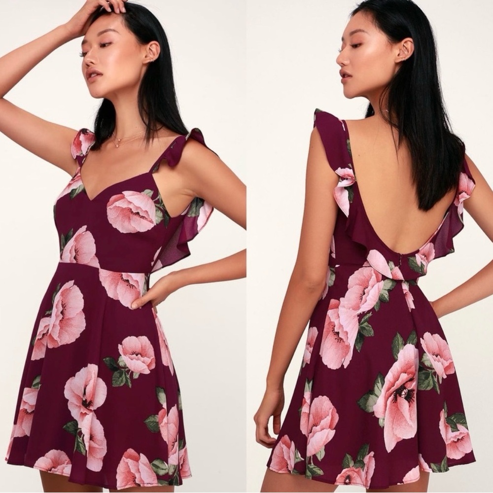 Lulus | Floral Of The Above Burgundy Purple Floral Print Backless Skater Dress